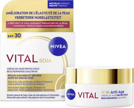 NIVEA VITAL SOJA beschermende dagcrème doos en pot. SPF 30. Voor rijpe huid.
