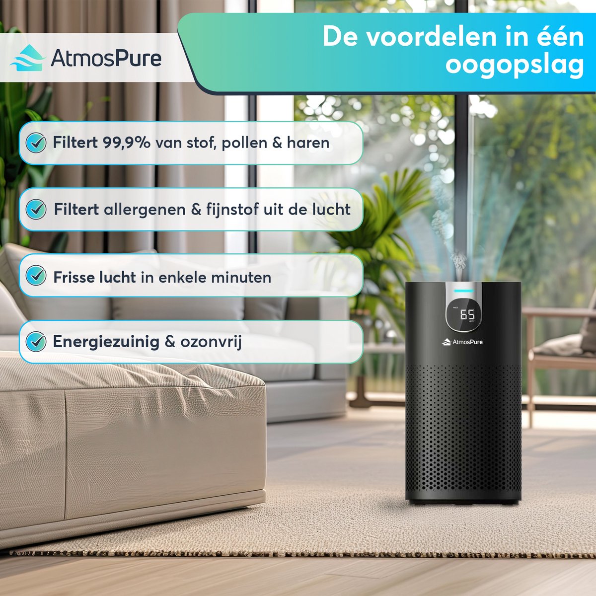 AtmosPure® CleanAir Luchtreiniger - Air Purifier met vervangbaar HEPA 13 + Koolstof filter - CADR 250 m³/h - Zwart - Voor 98 m² - Filtert pollen, huisstofmijtallergenen en fijnstof - 3 standen + stille slaapstand - Luchtkwaliteit Sensor — afbeelding 2