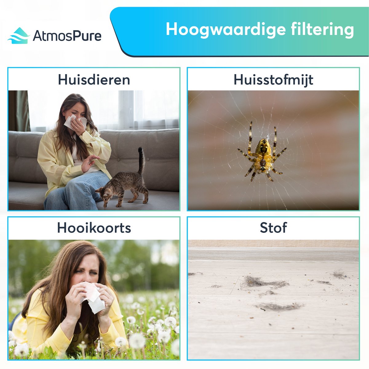 AtmosPure® CleanAir Luchtreiniger - Air Purifier met vervangbaar HEPA 13 + Koolstof filter - CADR 250 m³/h - Wit - Voor 98 m² - Filtert pollen, huisstofmijtallergenen en fijnstof - 3 standen + stille slaapstand - Luchtkwaliteit Sensor – foto 6