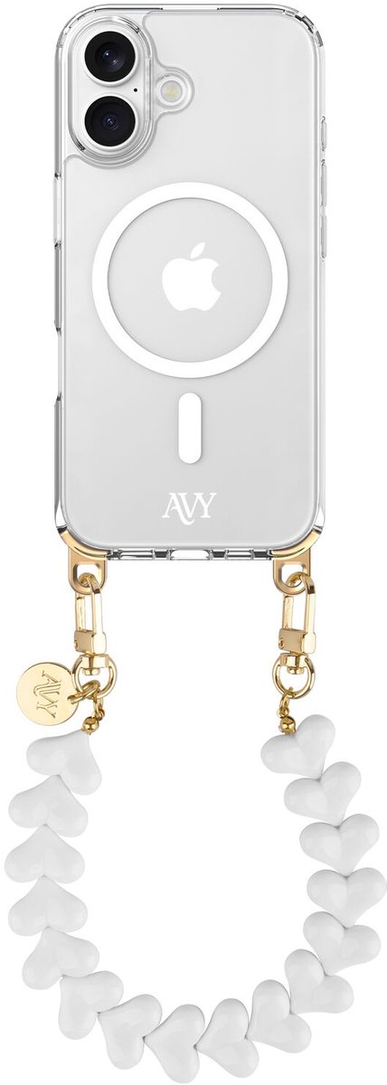 AVY Hoesje geschikt voor Apple iPhone 17 | Compatibel met MagSafe | Clear Case met Telefoonkoord 30CM | Polsband Cupid White