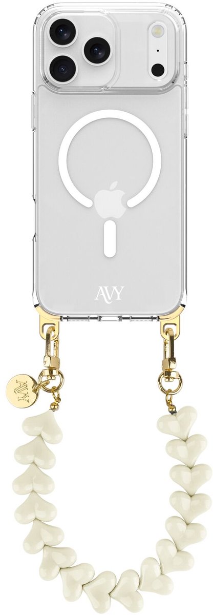 AVY Hoesje geschikt voor Apple iPhone 17 Pro Max | Compatibel met MagSafe | Clear Case met Telefoonkoord 30CM | Polsband Cupid Beige