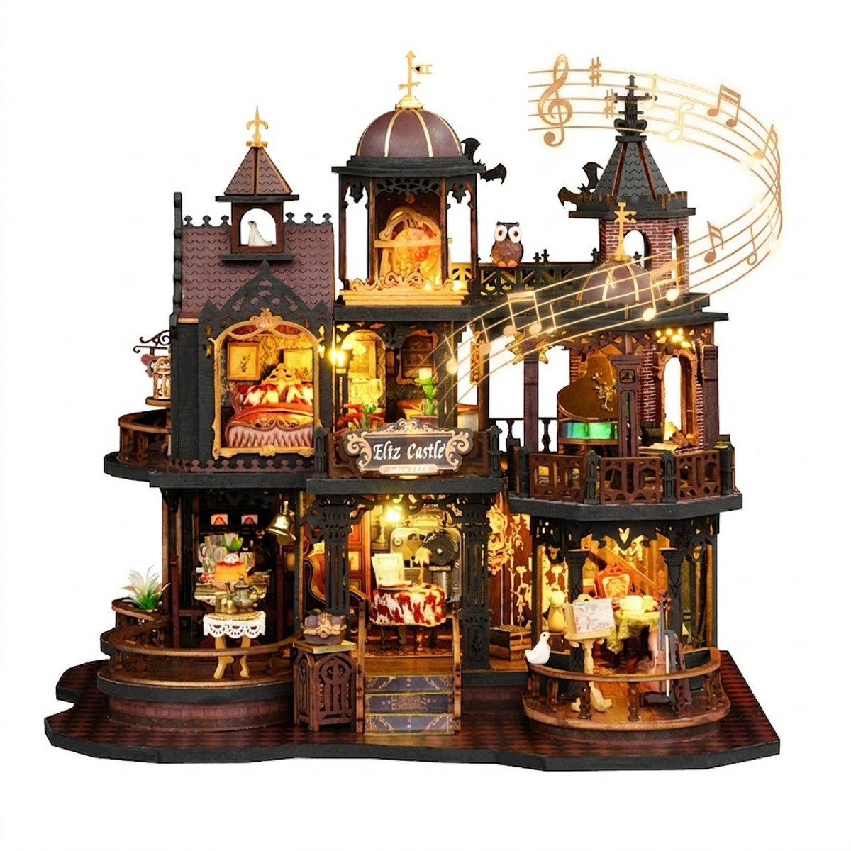 DIY Miniatuur Kasteel Bouwpakket met LED Verlichting & Muziekdoos – Edinburgh Castle Model – Houten Mini Huis & Poppenhuis – Creatieve Hobby Decoratie Cadeau