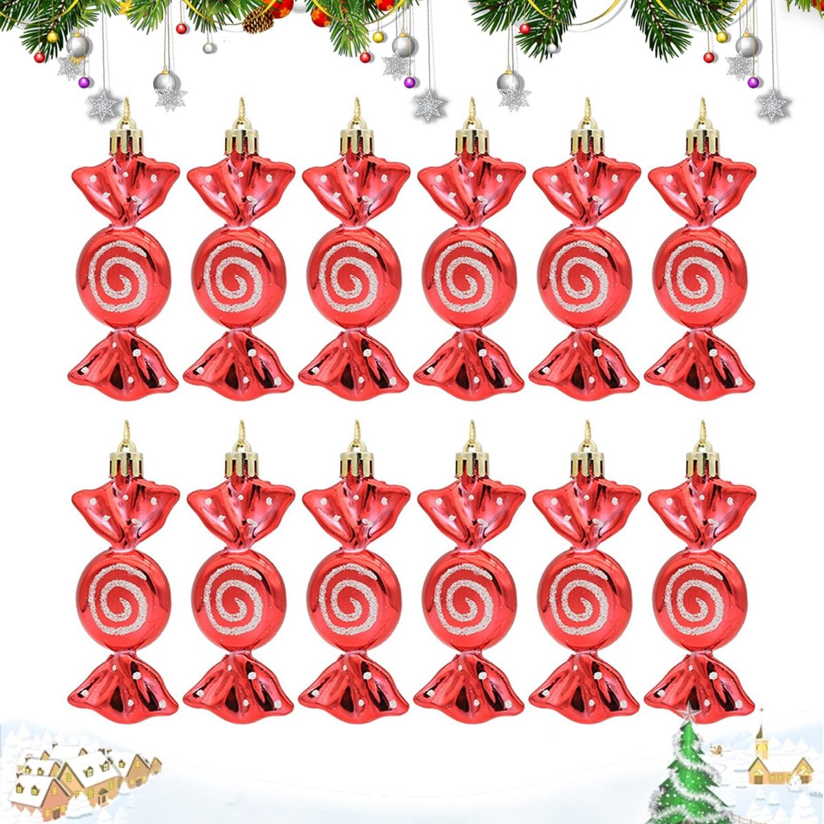 aladdien - Candy Kerstballen - Rode Glitter Decoratie - Kerstboom Versiering - 12 Stuks - Feestelijke Decoratie - Voor de Kerst - Rood