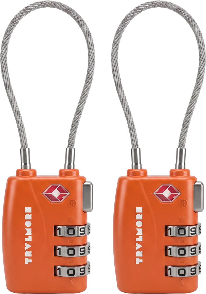 TRVLMORE Kofferslot Lang - TSA Reisslot - Slot - 3 Cijferig Hangslot - 14 cm Kabelslot - 2 Stuks - Cijferslot - Oranje