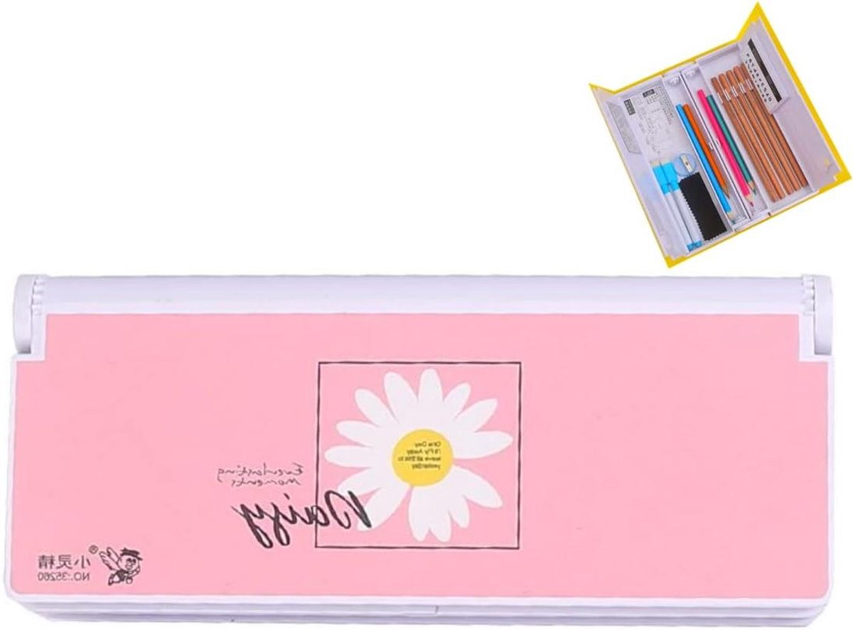 Creatieve Pennenbak - Opvouwbare Etui - School Benodigdheden - Met Rekenmachine - Grote Capaciteit - Pink Flower