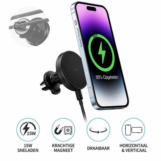 MagSafe Telefoonhouder Auto – Draadloze Autolader Qi 15W – Magnetisch – Ventilatierooster – USB-C – iPhone / Samsung / Android Autohouder