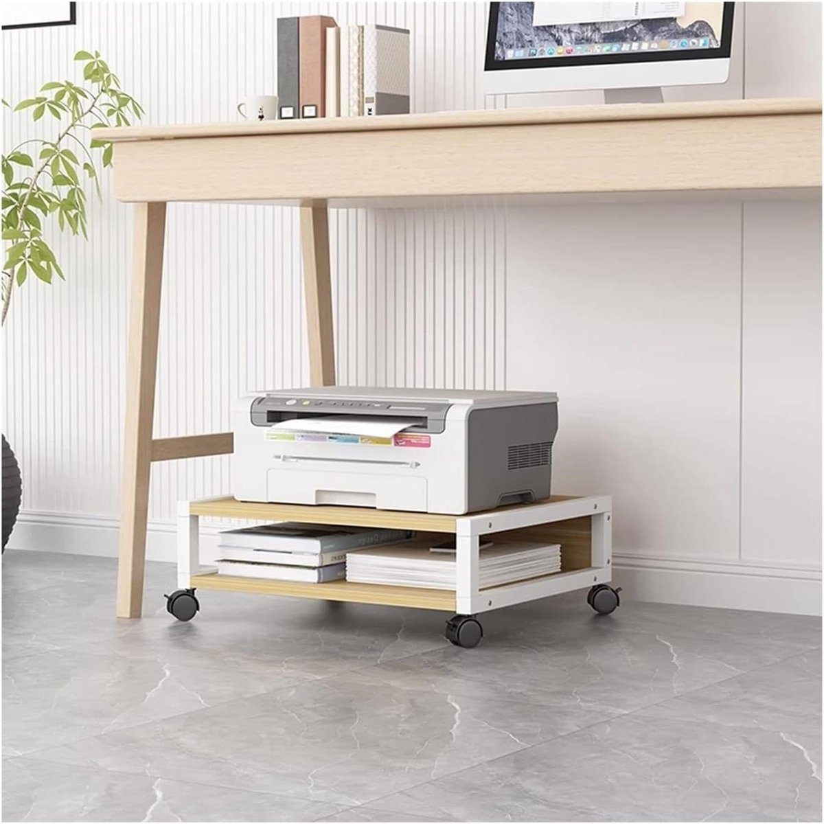 Printerstandaard - Kopieermachine kar - Ruimte besparen - Met 4 wielen - 50x40x20 cm - Wit
