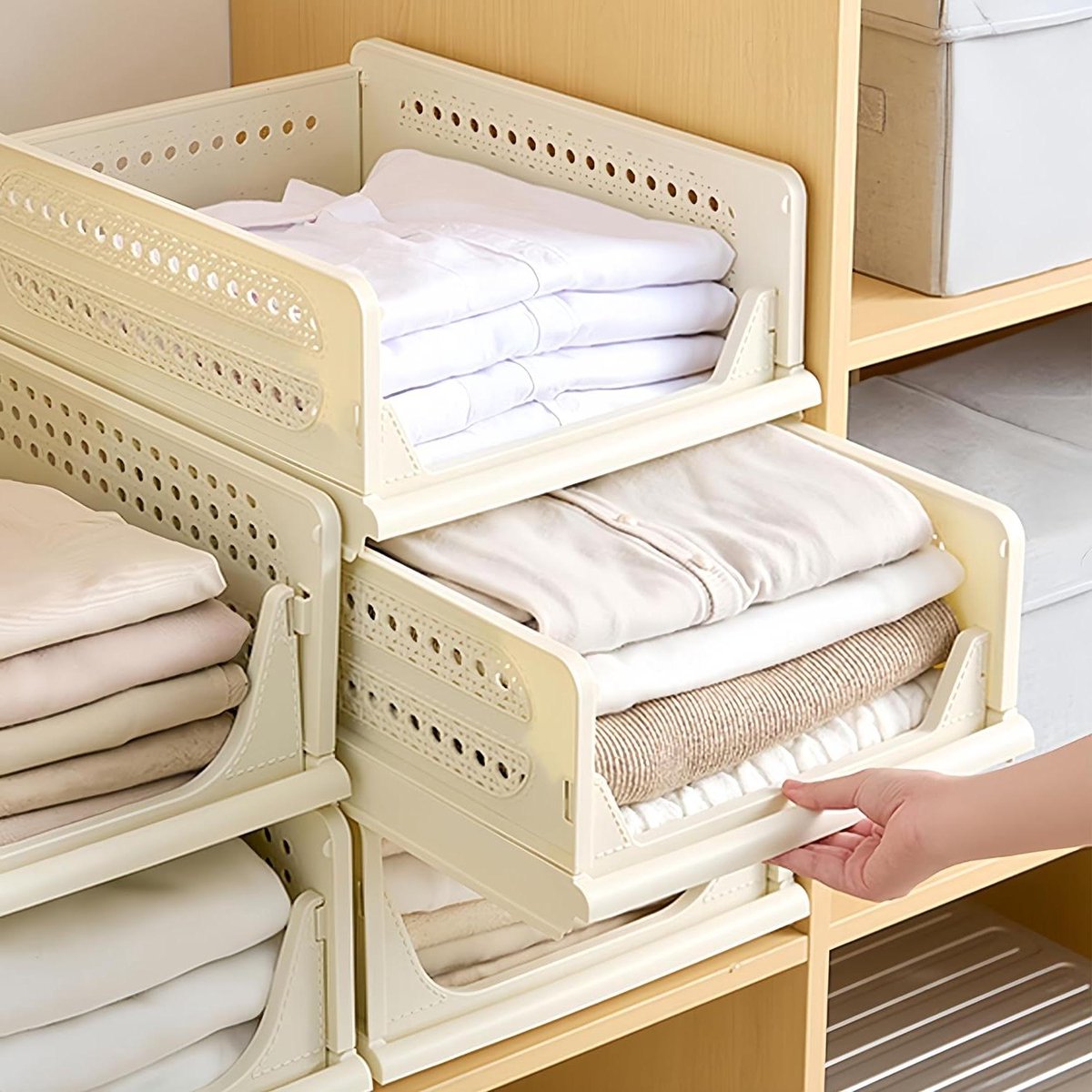 Kast Organizer - Opbergdozen - Kleding Opbergen - Stapelbaar Ontwerp - 3 stuks - Beige