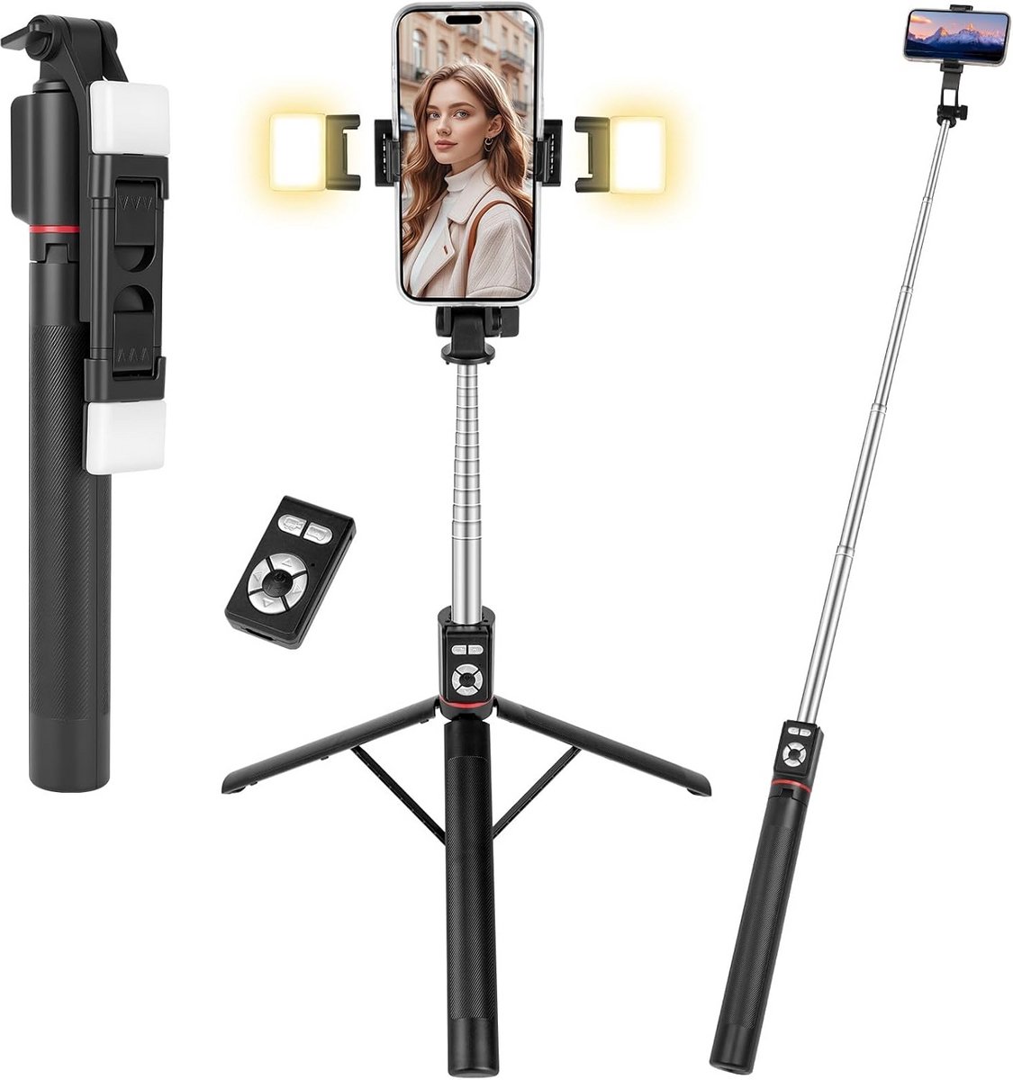 Selfiestick Statief - Telefoonhouder - Reizen Fotograferen - Met Vullicht - 170 cm - Zwart