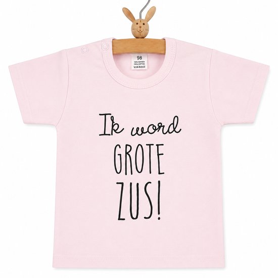 Shirt Ik word grote zus | korte mouw | licht roze | maat 80 zwangerschap aankondiging bekendmaking big sis sister