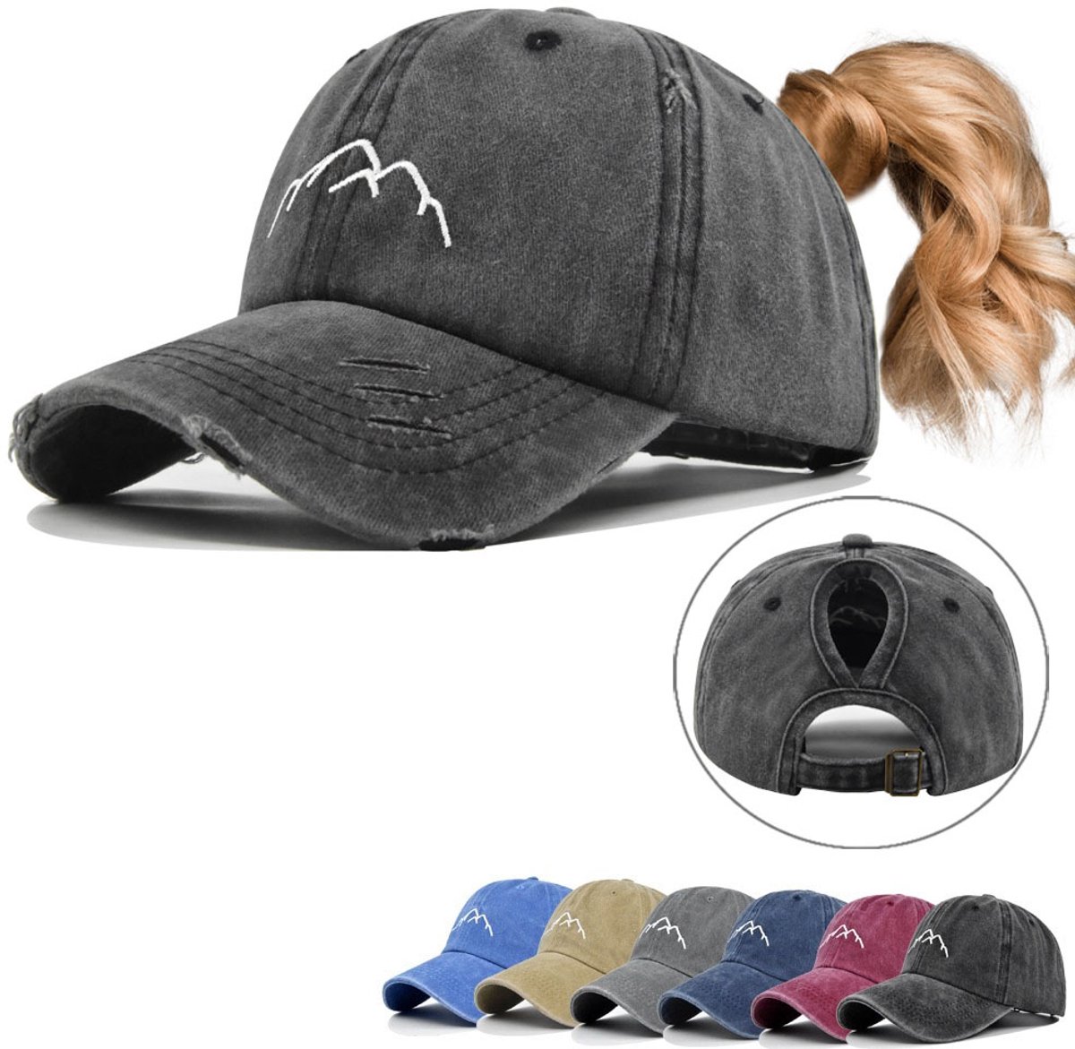 Dames Katoenen Baseball Pet met Paardenstaart Opening – Vintage Geborduurd Bergmotief, Brede Zonneklep & Verstelbaar(Zwart- Model met opening voor paardenstaart)