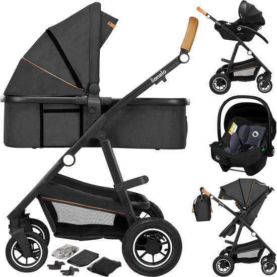 Lionelo Amber Kinderwagen 3 in 1 - Reiswieg + Buggy + Autostoel - Luchtbanden, Volledige Vering - Comfortabel baby matras - Snel Inklapbaar - Luiertas - Regenhoes - Muskietennet - Vanaf Geboorte tot 4 jaar (0-22 kg)