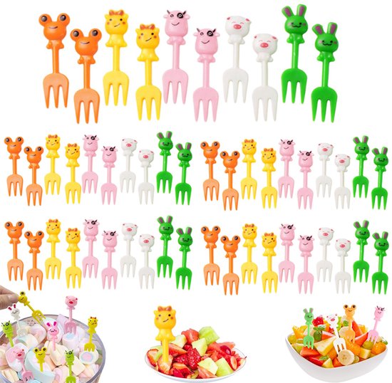 Un ensemble de petites fourchettes à fruits en plastique de style animal, dont des grenouilles, des girafes, des cochons, des lapins et des vaches de couleurs vives.