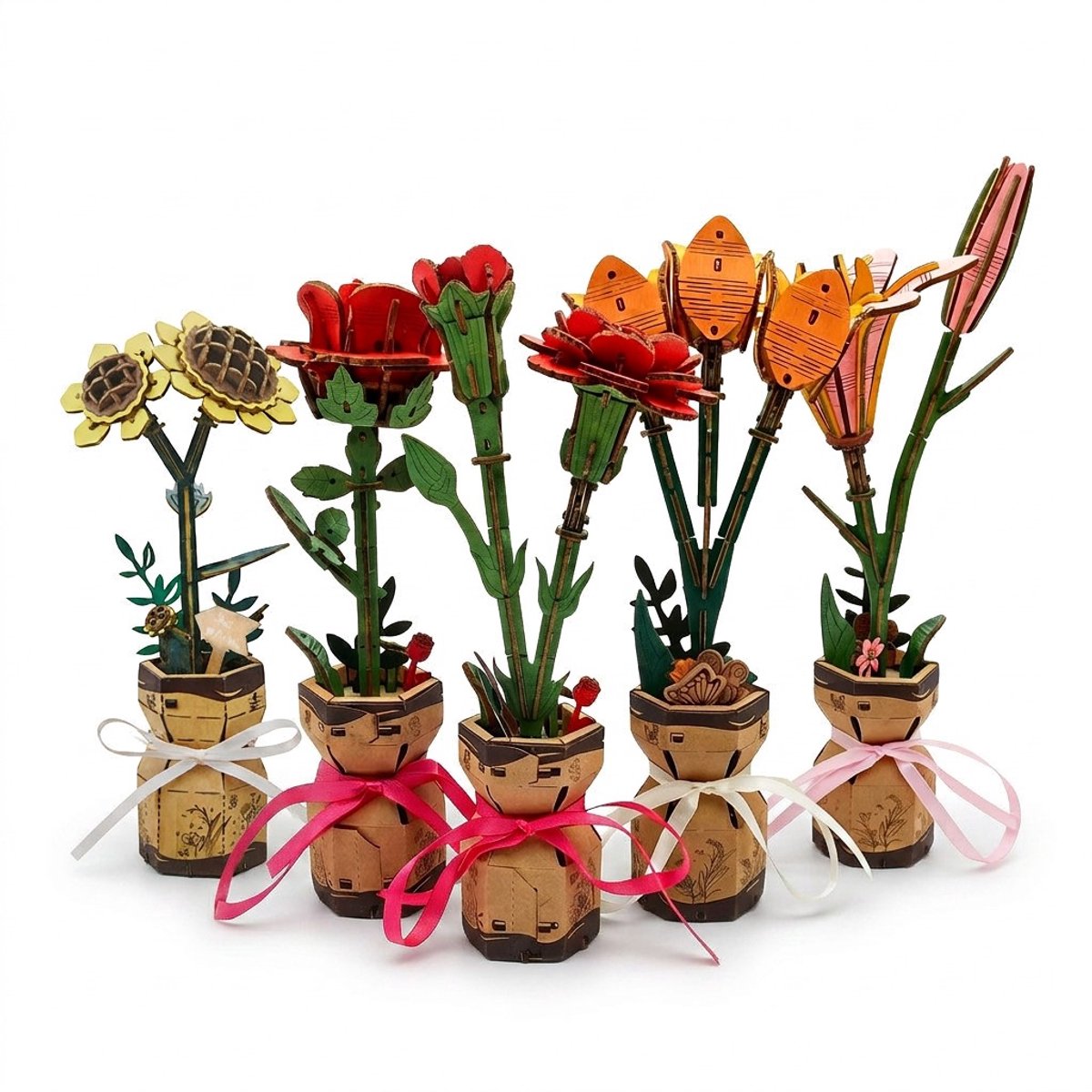 Inspirebox Modelbouwpakket Set van 5 - Decoratieve Bloem - 3D Houten Puzzel - Bouwpakket voor Volwassenen en Kinderen - Creatief Knutselen - DIY Modelbouwpakketten