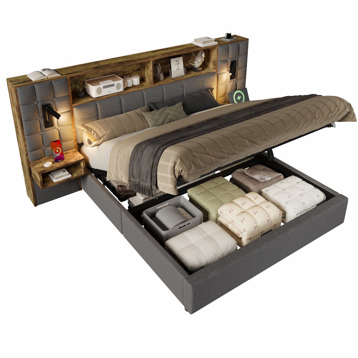 REDOM - Gestoffeerd Bed - Met Opbergruimte En Leeslampen - Vintage - Linnen - Grijs - 160 