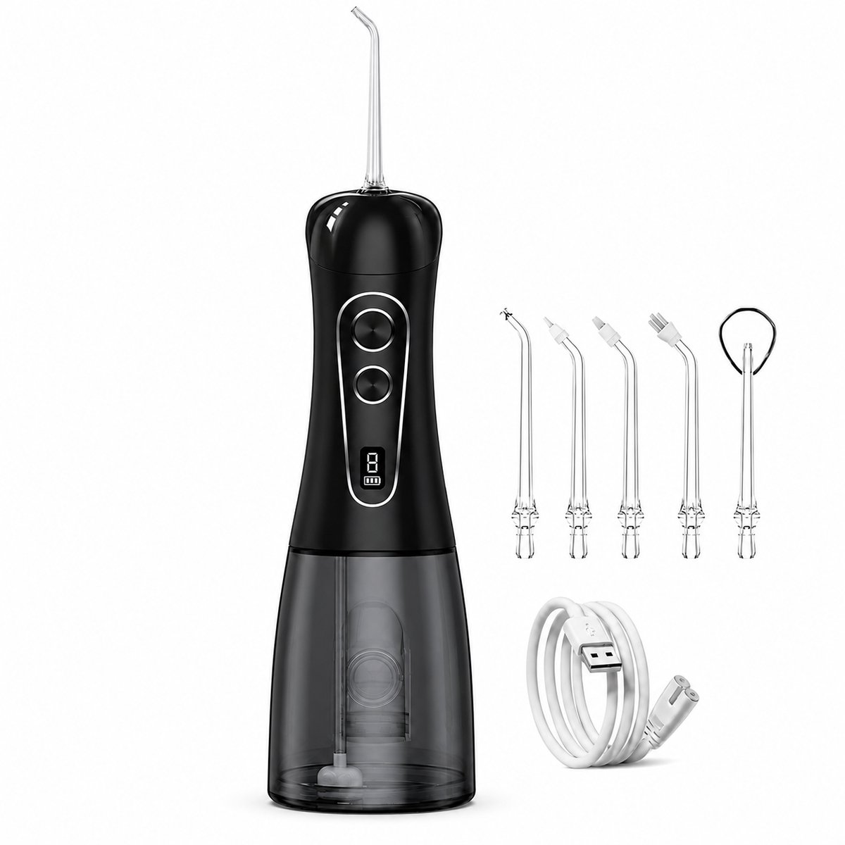 Gloovon® - Waterflosser - Monddouche - Flosapparaat - Draadloos & Oplaadbaar - 8 Standen - IPX7 Waterdicht - 5 Professionele Opzetmondstukken - Tandplak Verwijderaar - Zwart