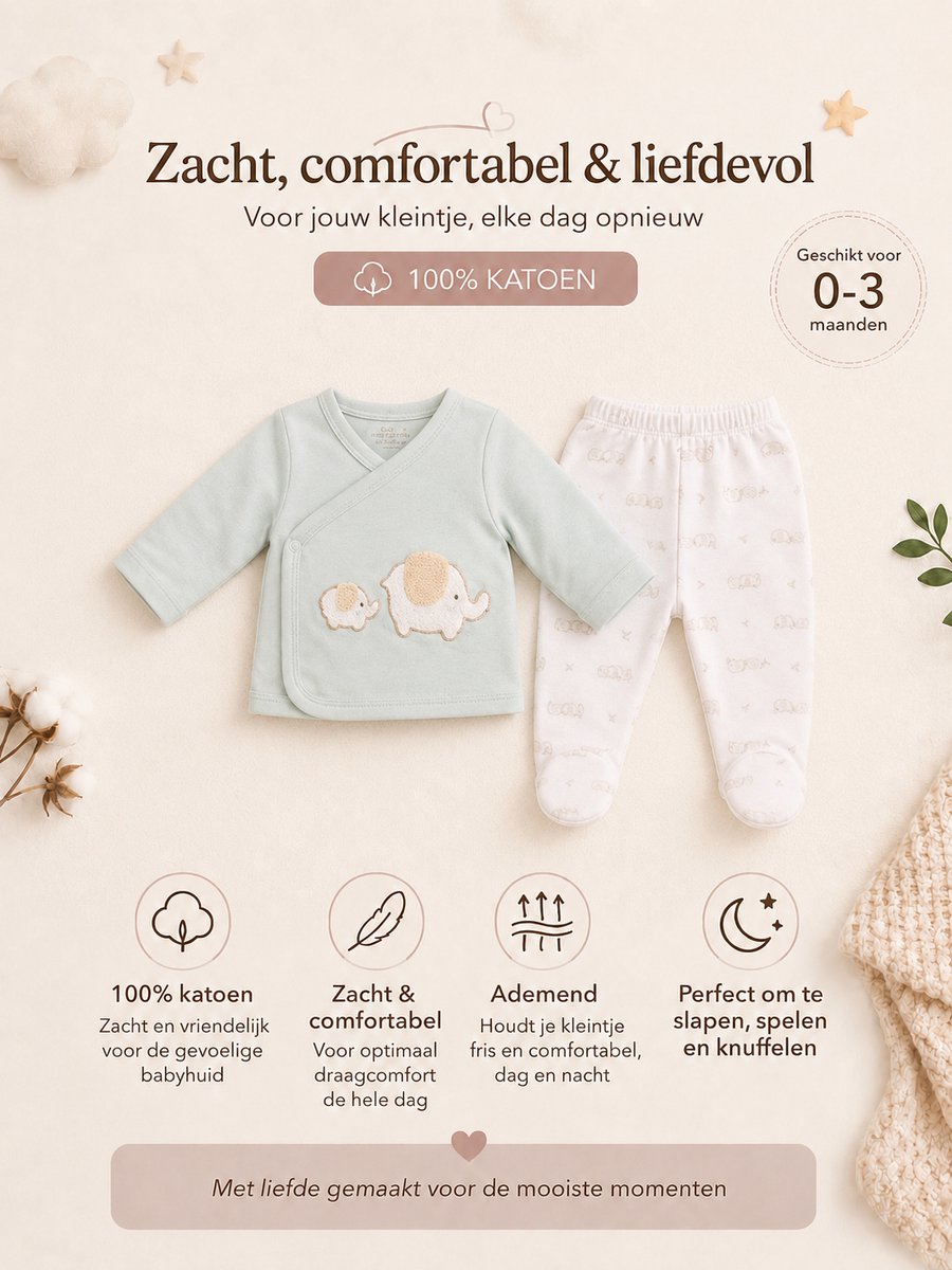 Blijeitje - Luxe 8-delige babycadeauset Mintgroen – Kraamcadeau Jongen - Babyshower & Gender Reveal Cadeau Giftset – Tutpop ollie, Konijn Rammelaar, Babymutsje, Shirtje, Broekje, Slabbetje & Slofjes - Neutraal Olifant Design – foto 4