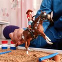 Bruin-witte paardje met ruiter met bruine hoed, rood shirt en blauwe broek