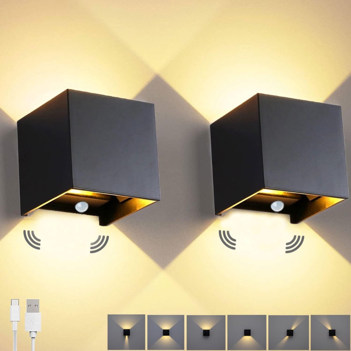 AHD® Binnenwandlamp met snoer - Wandlamp - Binnenwandlamp - 3000K Warm wit - 2 stuks batterijwandlamp voor binnen met bewegingssensor - Zwart - 10cm x 10cm x 10cm