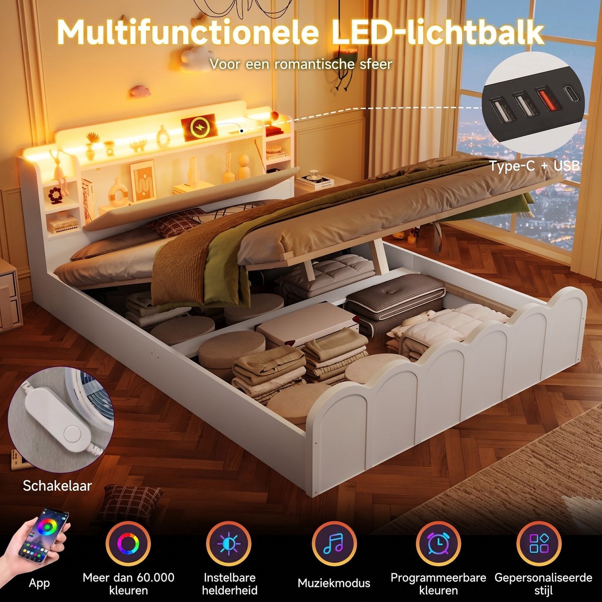 VVBV Bed met opbergruimte 140x200 / Tweepersoonsbed 140x200 – met Hydraulische Opbergruimte, LED-Verlichting, USB, USB-C – Wit – Zonder Matras White