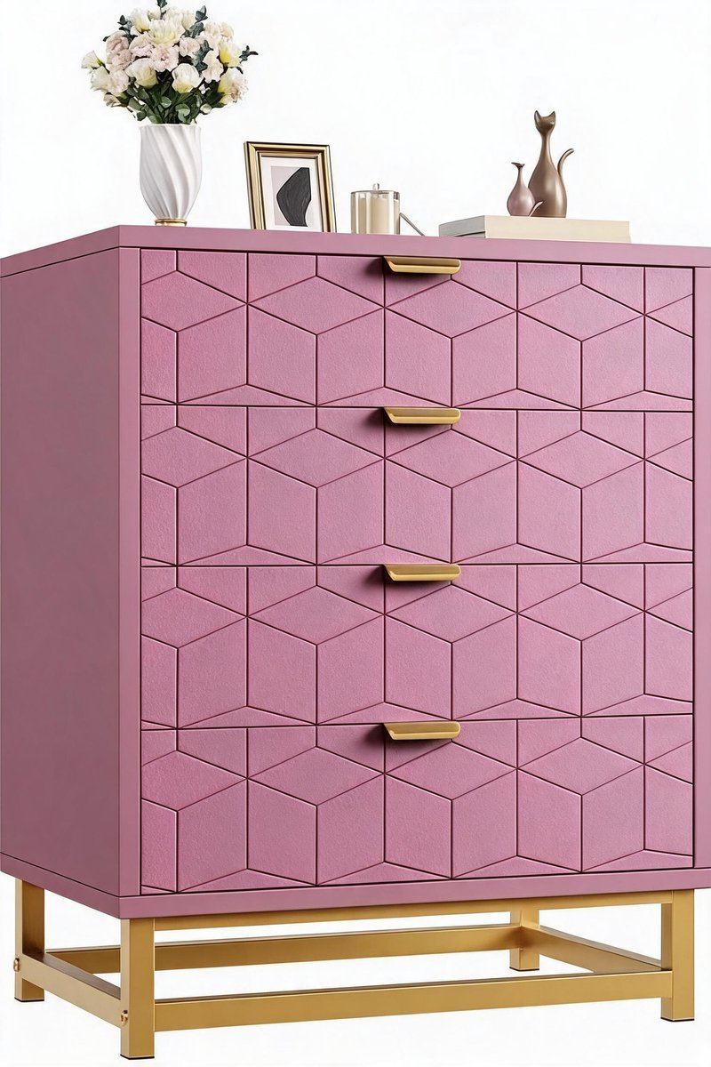 HOERFURIY Moderne Roze Ladekast met 5 Laden - Gouden Handgrepen & Metalen Poten - Stijlvolle Commode voor Slaapkamer, Woonkamer en Hal - 60 cm Breed