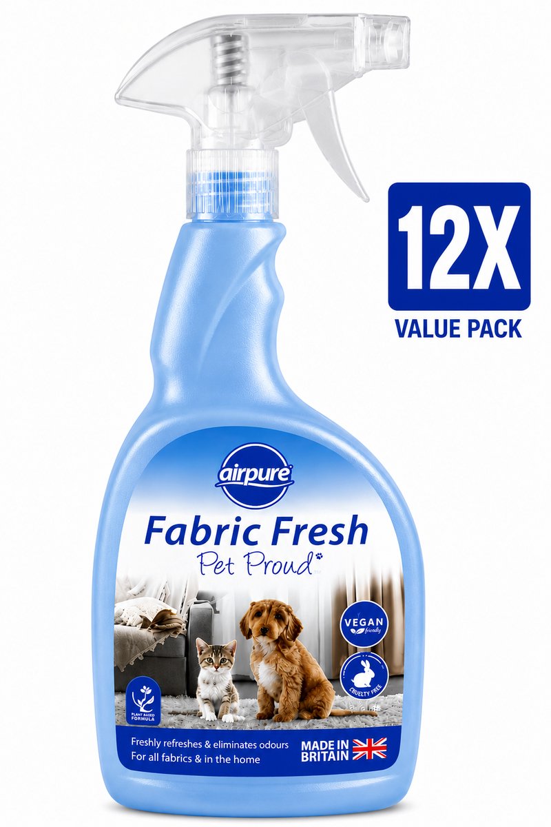 Airpure Textielverfrisser Pet Proud Huisdier 750 ml Spray - Set van 12 Flessen (9 L Totaal) - Geurneutralisator voor Beddengoed Gordijnen Kleding en Meubels - 100% Veganistisch en Dierproefvrij - Made in UK