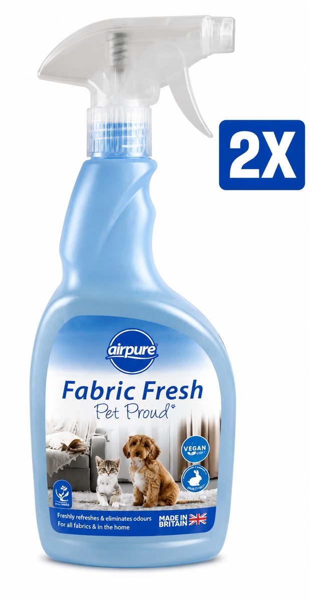 Airpure Textielverfrisser Pet Proud Huisdier 750 ml Spray - Set van 2 Flessen (1.5 L Totaal) - Geurneutralisator voor Beddengoed Gordijnen Kleding en Meubels - 100% Veganistisch en Dierproefvrij - Made in UK