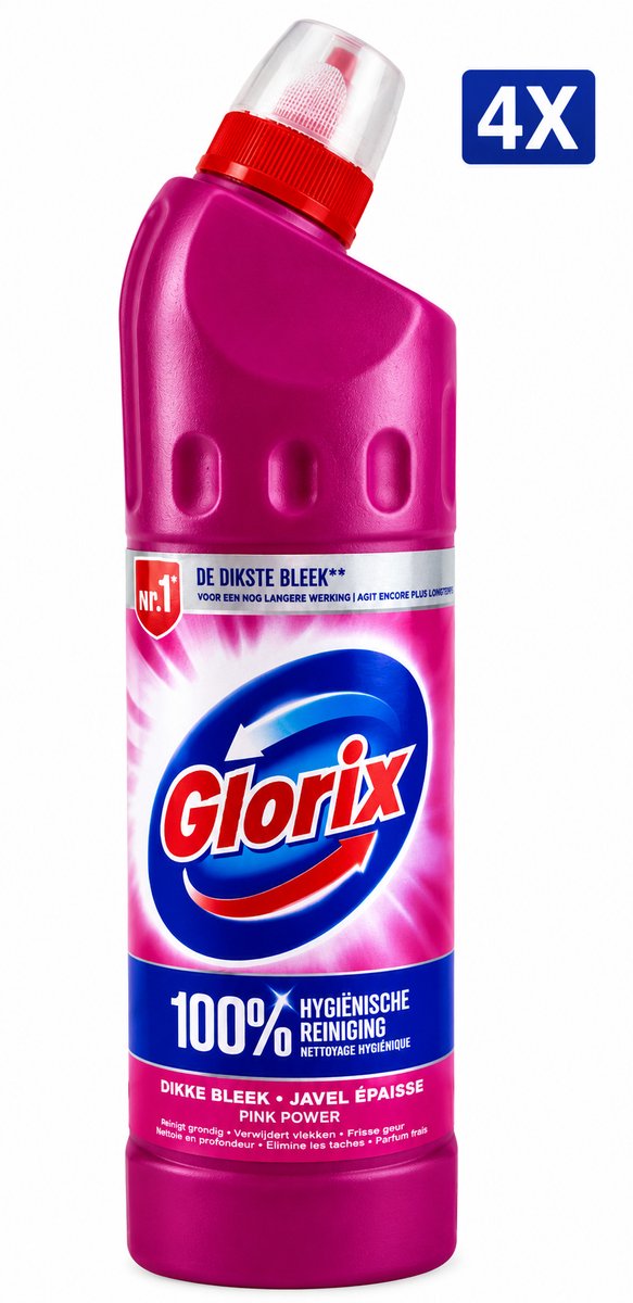 Glorix WC Powergel Pink Flower 750 ml - Set van 4 Flessen (3 L Totaal) - Toiletreiniger met Anti-Kalk Werking - Werkt ook Onder Water - Frisse Bloemengeur - Voordeelverpakking