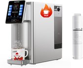 Zilveren Hydrofast waterdispenser met digitaal display en koffiemok, naast een filterpatroon.