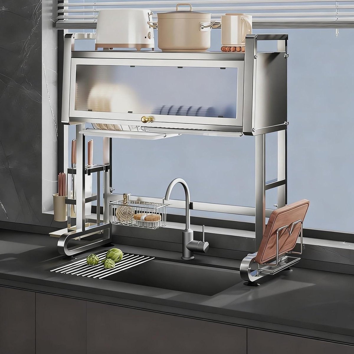 Afwasrek Roestvrij Staal - Boven Gootsteen - Keuken Organiseren - Stofwerende Deur - 75 cm - Zilver