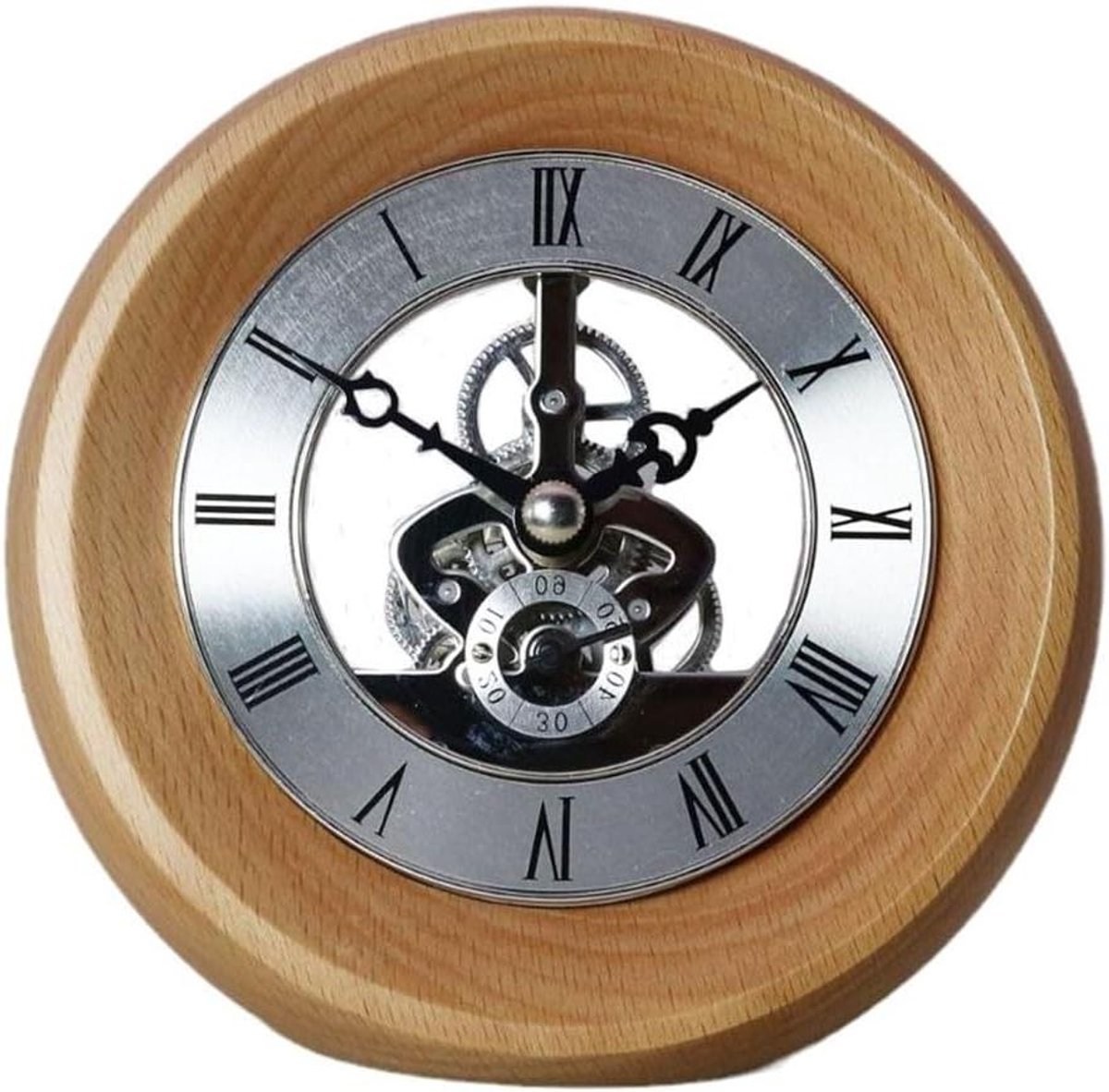 Tafelklok - Decoratieve klok - Tijd aflezen - Transparante tandwielen - Diameter 13 cm - Houtkleur zilver