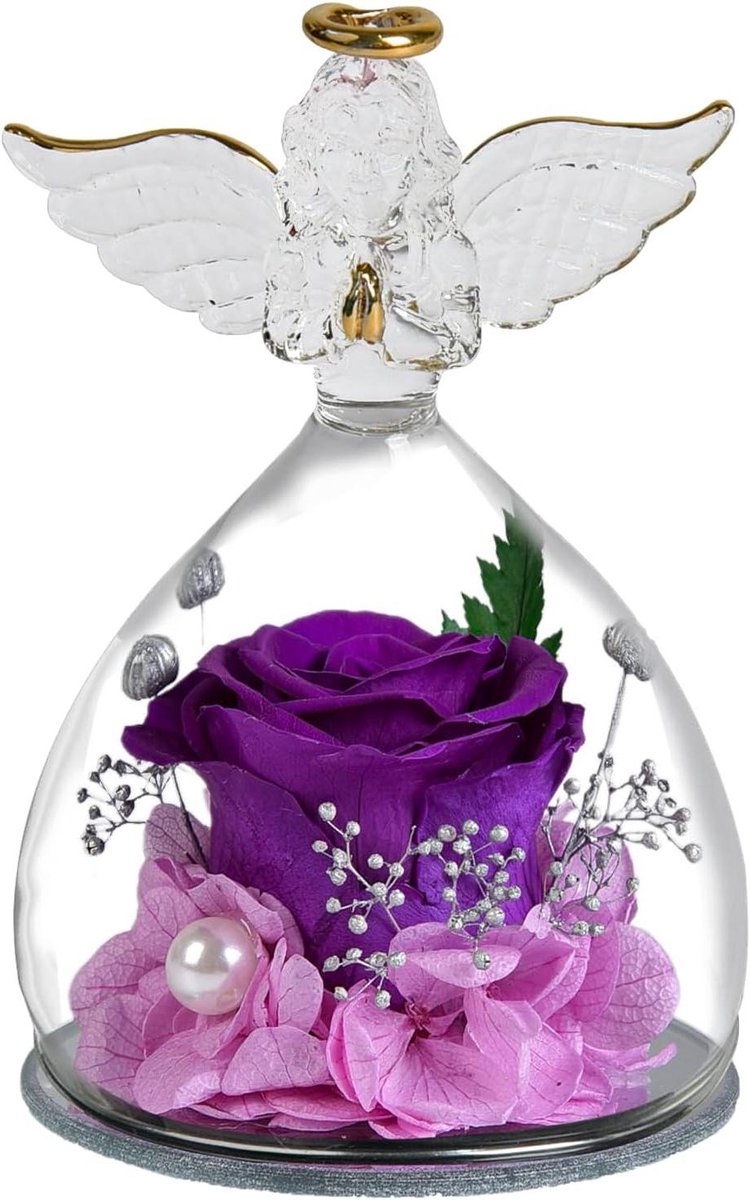 Engel met Roos - Gecconsereerde Bloemen - Cadeau Geven - Blijvende Schoonheid - 15 cm Hoog - Paars