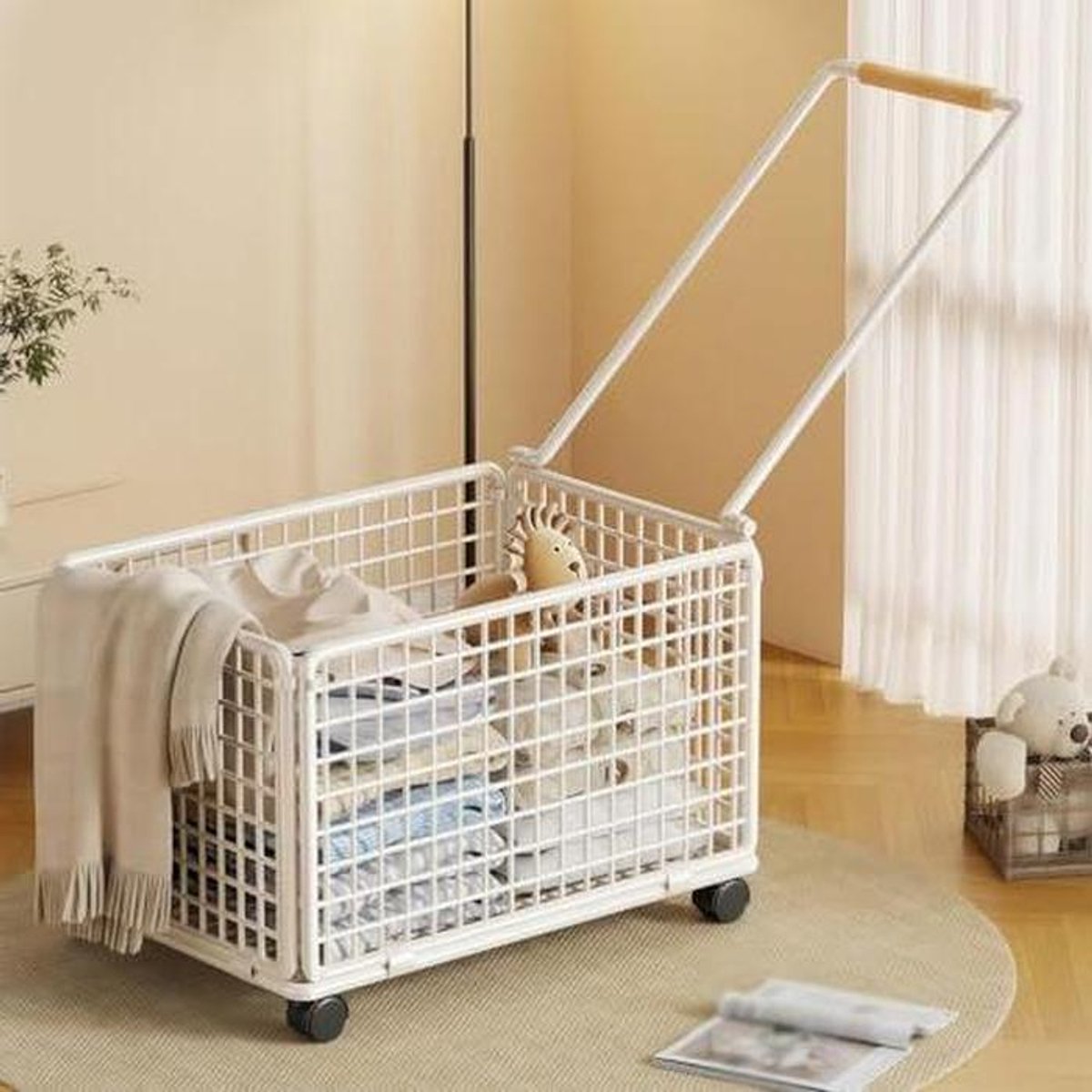 Wasmand op wielen Kledingmand Huishoudelijk organiseren Uitschuifbare handgreep 13x21x13 inch Wit