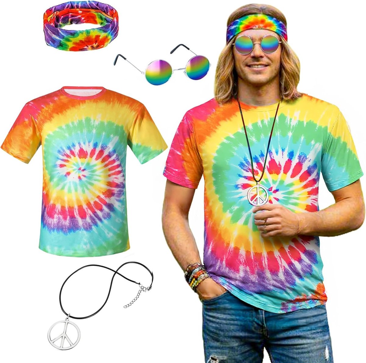 Hippie Kostuum voor Mannen uit de Jaren 60, 70 en 80 met Kleurige T-Shirt en Accessoires voor Carnaval en Feestjes