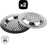 Twee zilverkleurige roestvrijstalen gootsteenzeven met een 'x2' logo erboven en een 'STAINLESS STEEL 304' schild.