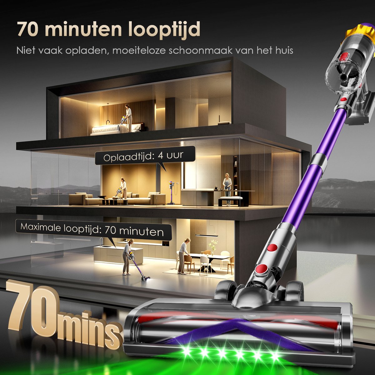 Elekiatech - Steelstofzuiger Draadloos - 65000Pa - 70 Min Gebruikstijd - 8-in-1 Filtersysteem - Paars – foto 2
