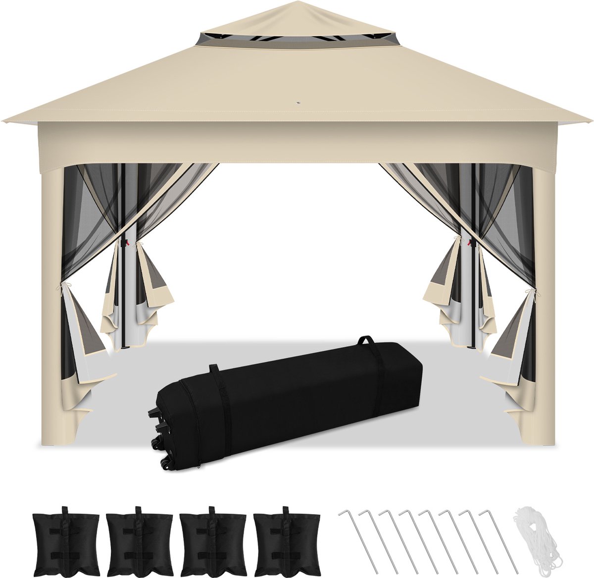 Partytent met klamboe 3,3×3,3 m – Snel op te zetten paviljoen met zandzakken en draagtas voor buitengebruik, Beige
