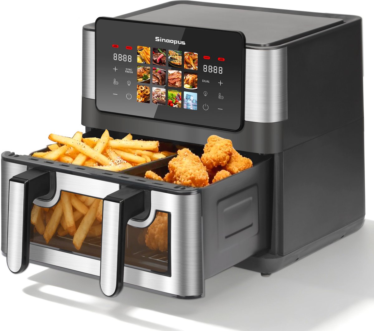 Sinaopus XXL Airfryer 8.5L 905A – Met Dubbele Mand – 12 Kookprogramma’s – Onafhankelijke Snelle Opwarming – Geschikt voor Gezinnen – Kijkvenster – Eenvoudig te Reinigen – Capaciteit voor 4 tot 5 Personen