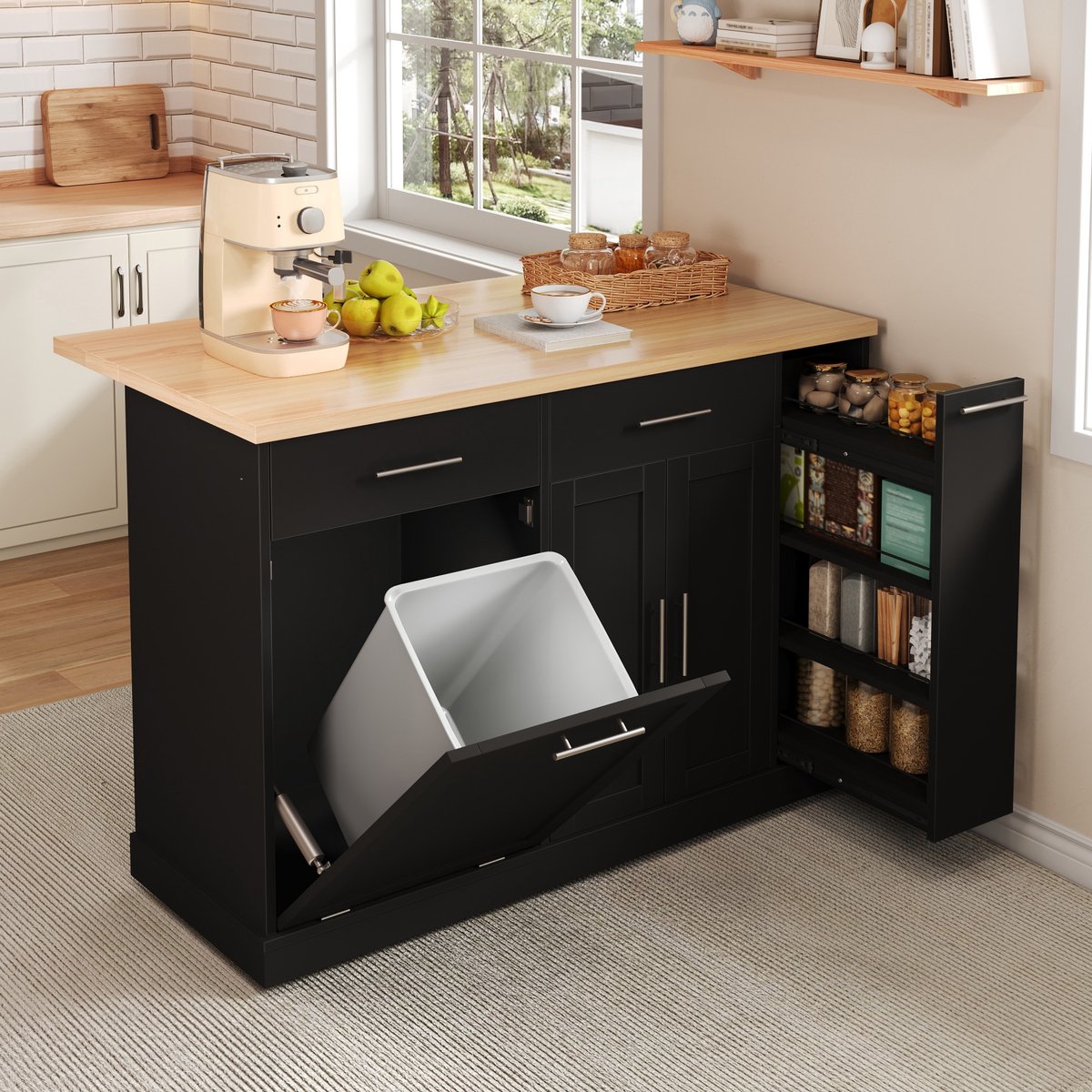 Keukeneiland - 120 x 45 x 93 cm - Met Klapblad en Afvalkast - Hout - Wit