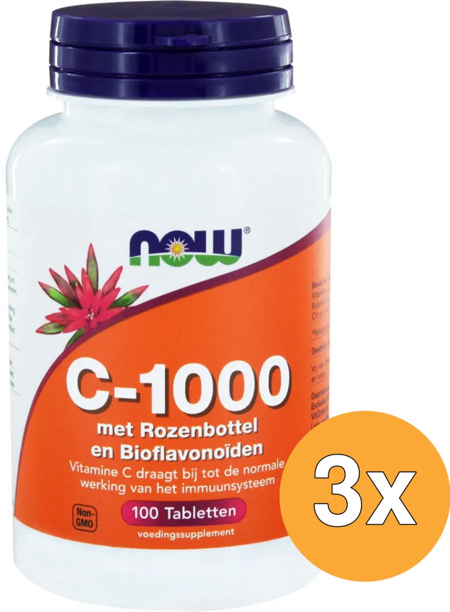 3x Now Vitamine C-1000 met rozenbottel en bioflavonoiden (100 tabletten)