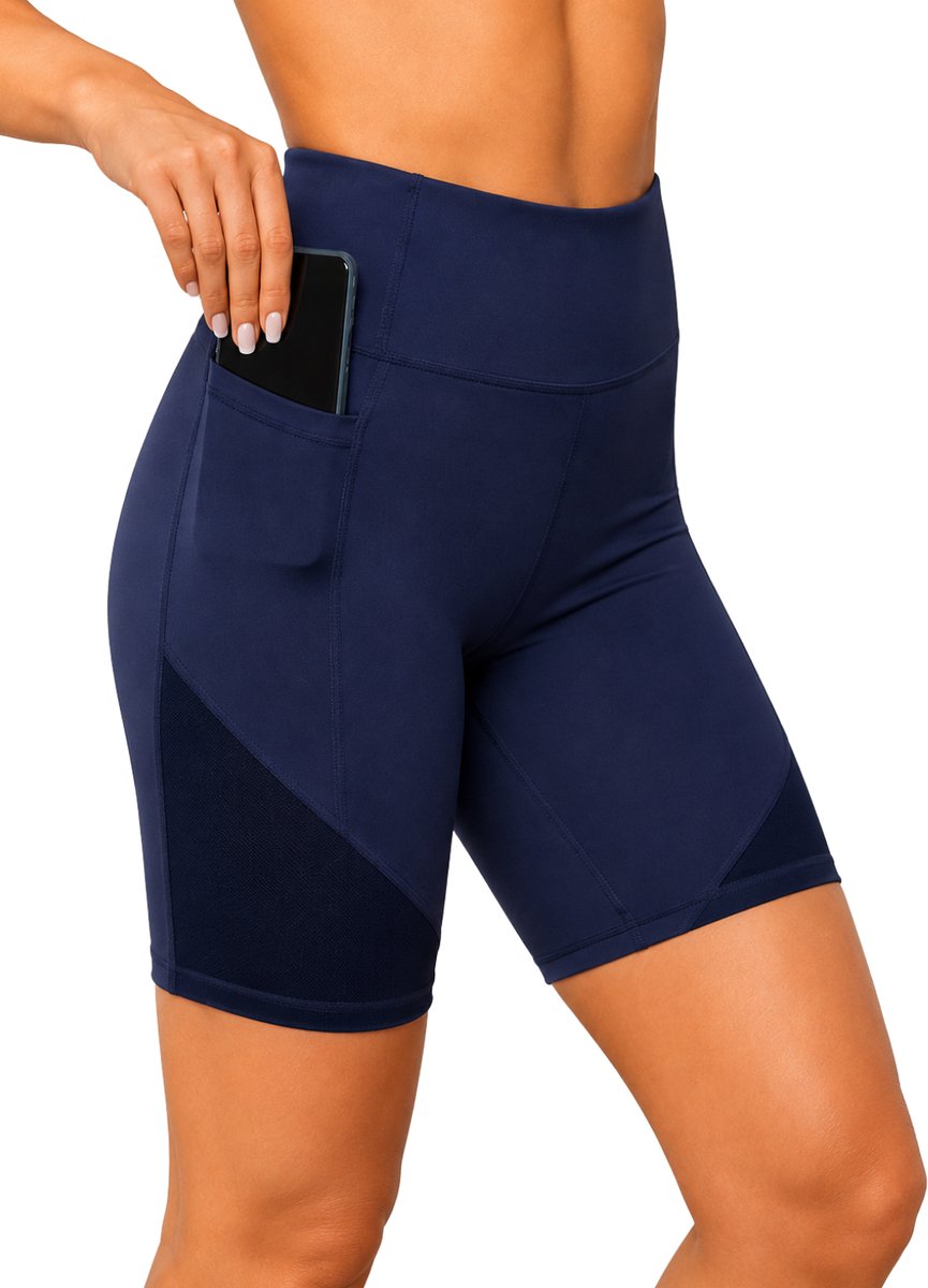 SparkNine Powermesh dames short - korte broek- fitness - stijlvolle mesh - met zakken - L - blauw - high-waist - ademend & squatproof