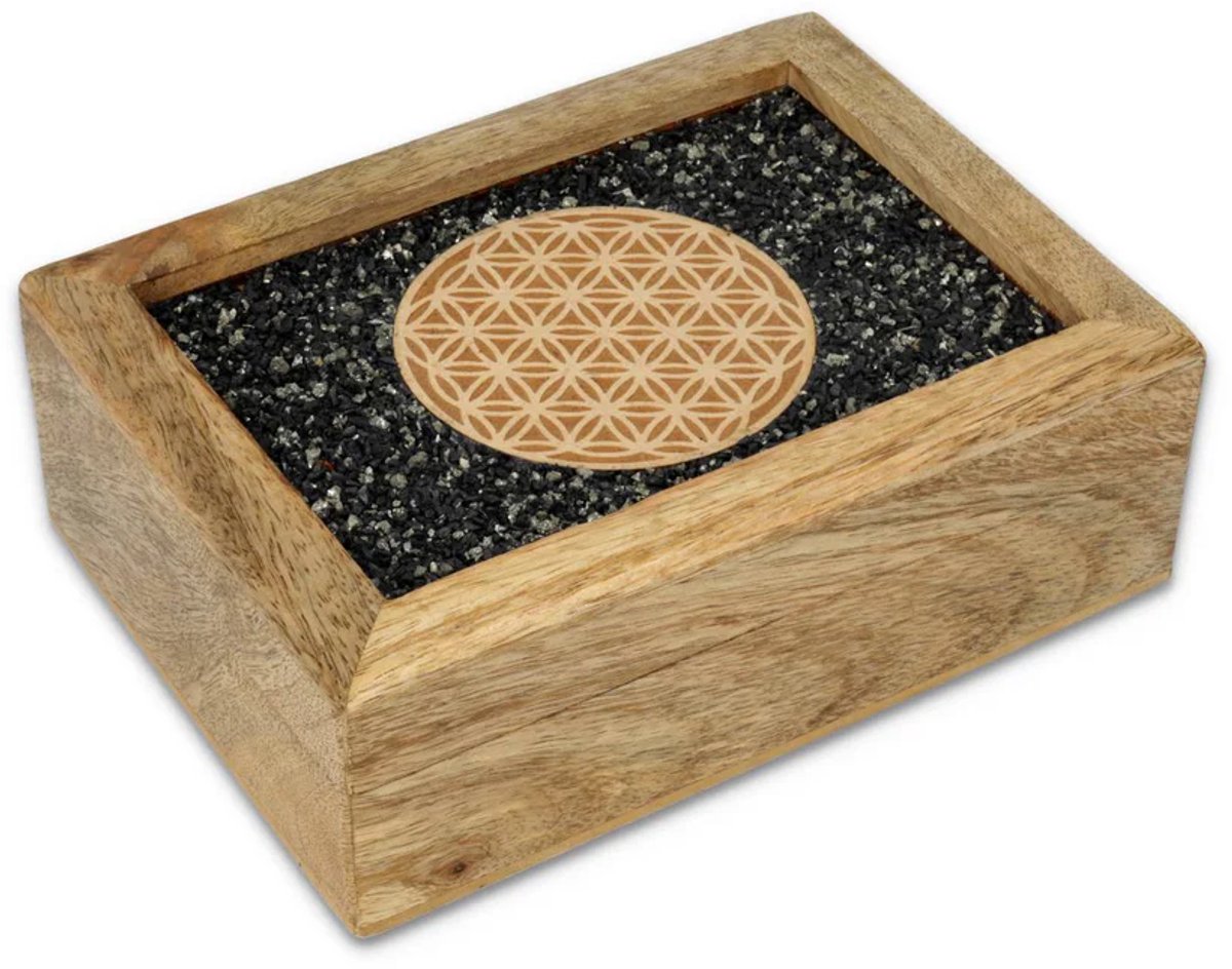 Tarot sieradendoos Flower of life toermalijn en pyriet mangohout - ± 18 cm x 14 cm x 7 cm