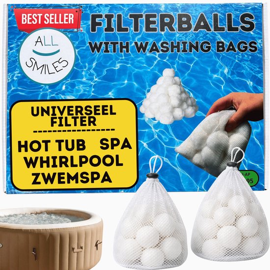 Verpakking 'Filterballs', met afbeeldingen van een bubbelbad, witte bollen in netzakken en een hand die bollen vasthoudt.