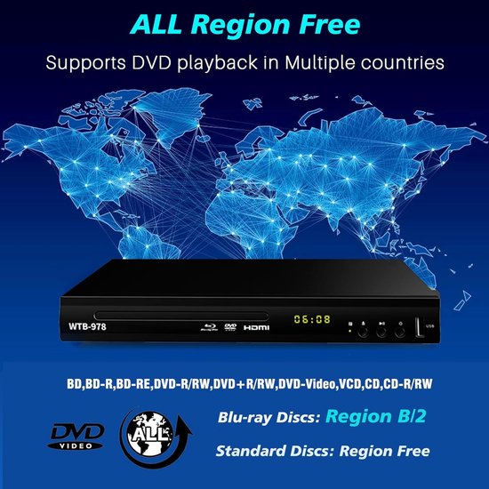 Blu-ray DVD Speler - Multimedia Afspeelapparaat - Film Muziek Kijken - Full HD 1080p - Regio B/2 - Zwart — afbeelding 2