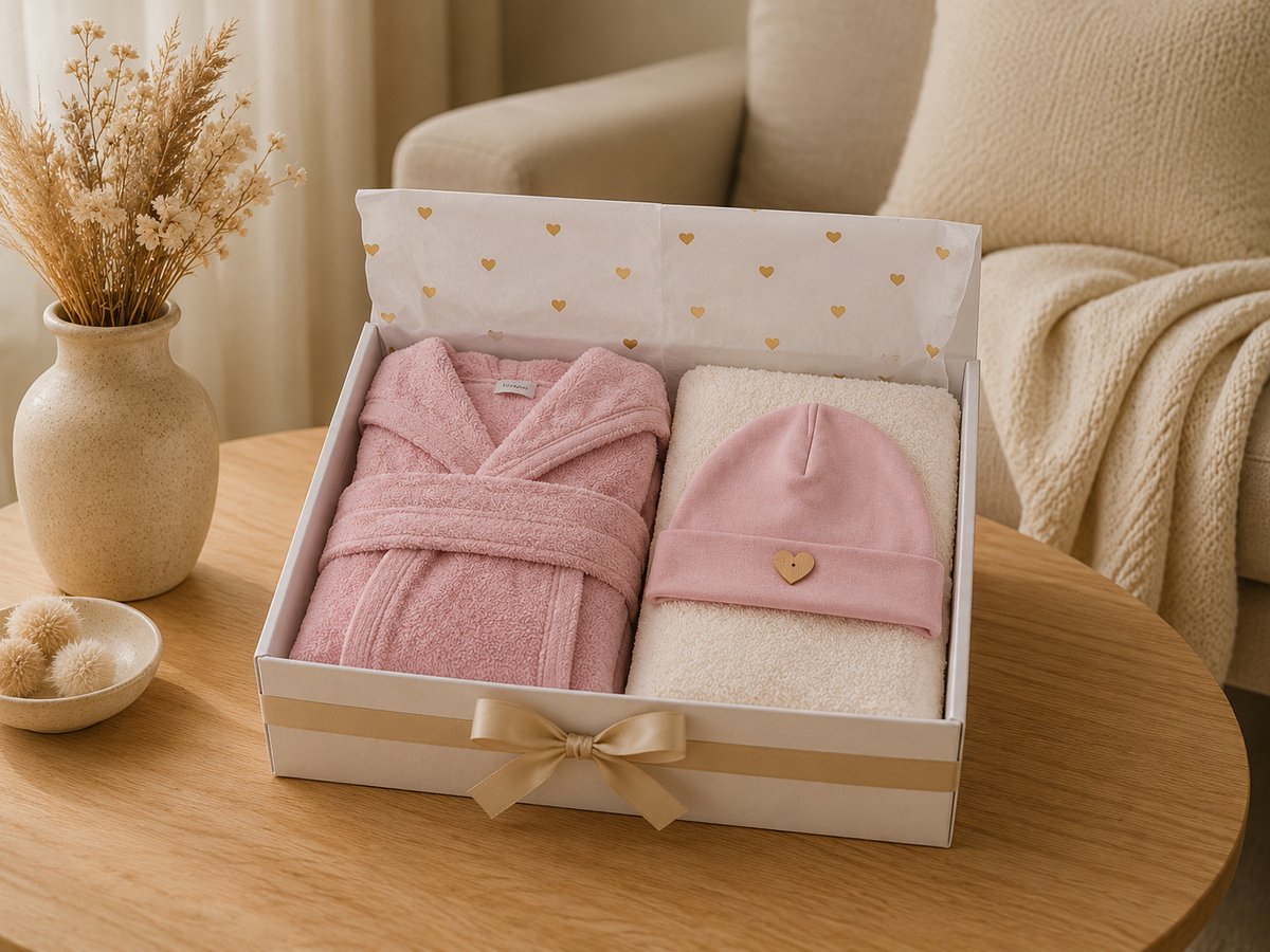 Blijeitje - Kraamcadeau Baby – Luxe Baby Giftbox Roze – Badjas, Muts & Slab – Geboortecadeau jongen meisje