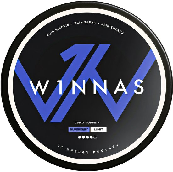 W1NNAS Energy Pouches Blueberry Light verpakking met 13 pouches, met blauw W1NNAS logo en 75mg cafeïne.