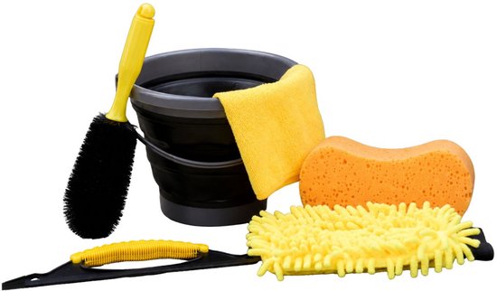 Dunlop Auto Was Set 6 Delig - Auto Schoonmaak Set met Opvouwbare Emmer en Microvezel Doek - Inclusief Velgenborstel, Spons en Was Handschoen - Zwart Geel