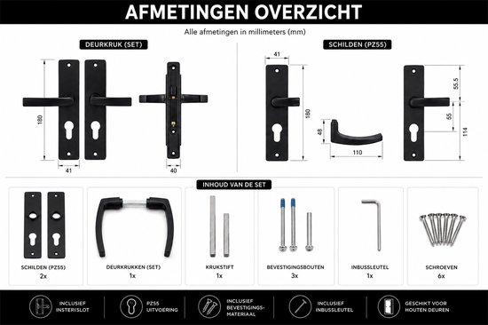 Afmetingen van deurklinken en schilden met alle onderdelen en afmetingen in millimeters.