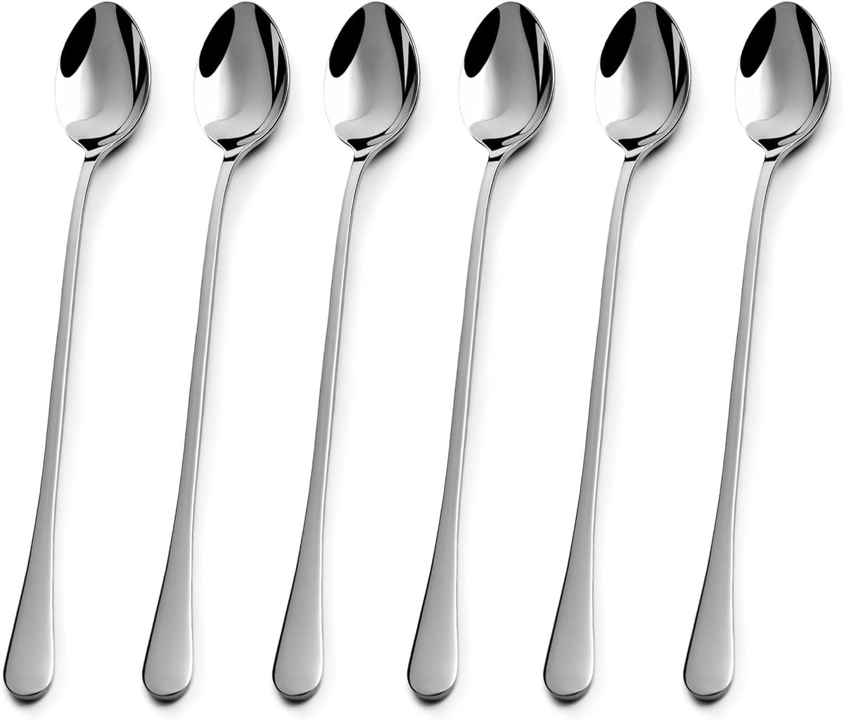 Set van 6 Lange RVS Lepels van 19 cm - Hoogglans Gepolijst - Ideaal voor Latte Macchiato, Iced Tea en Cocktails - Vaatwasserbestendig en Duurzaam