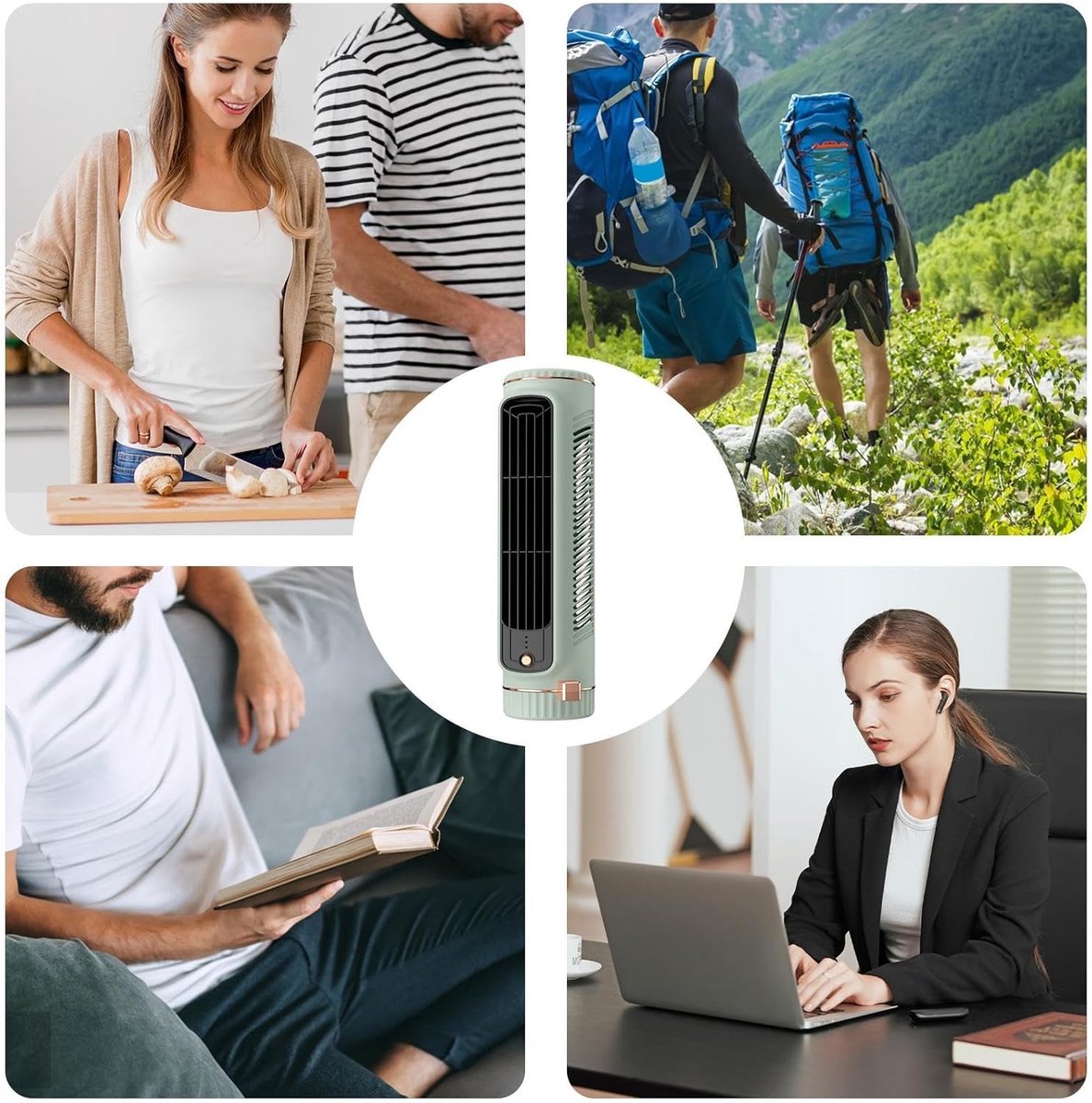 Persoonlijke draagbare ventilator — Bladloze torenventilator — Multifunctionele tafelventilator — Horizontaal en verticaal te gebruiken — USB-voeding — 3 windsnelheden — Ideaal voor kantoor, woonkamer en slaapkamer — Groen – foto 4